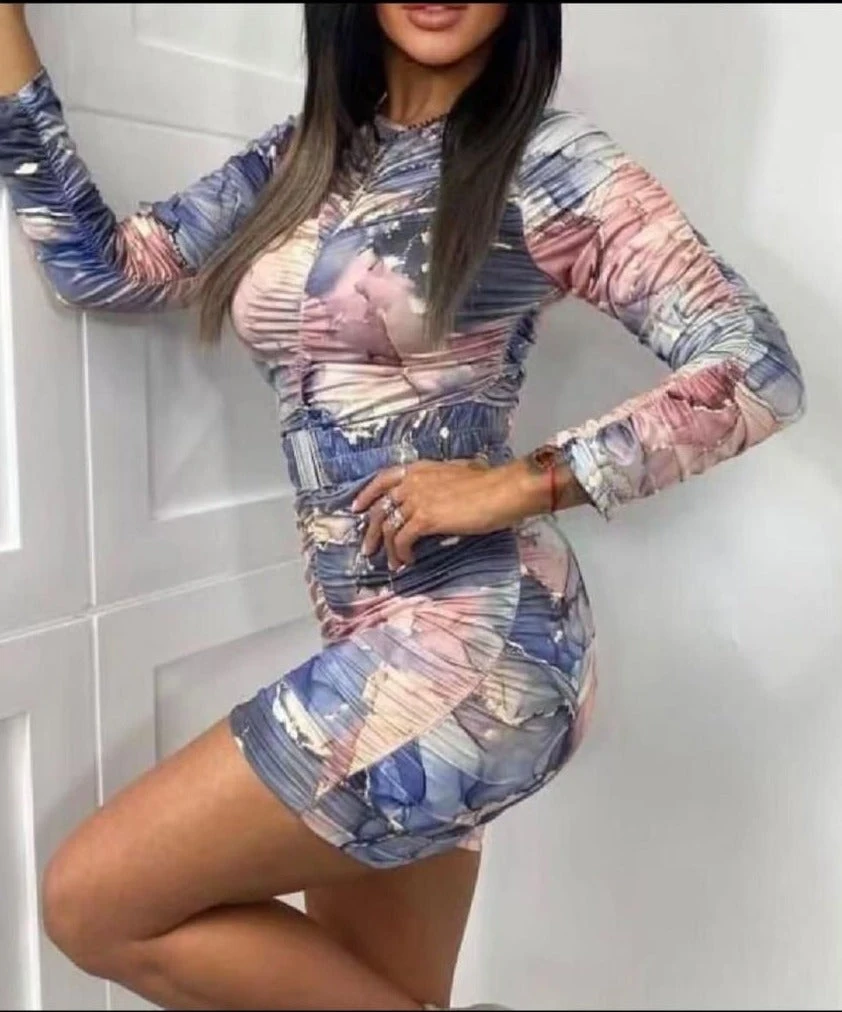 Vestito Donna Fantasia Corto Drappeggiato Manica Lunga 2 Vestito Donna Fantasia Corto Drappeggiato Manica Lunga - immagine 2