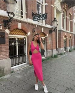 Abito Donna Vestito Lungo Scollo V Intreccio Gonna Spacco Schiena Scoperta