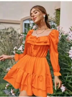 Vestito Donna Scollo Barca Volant Manica Sbuffo Gonna Ampia