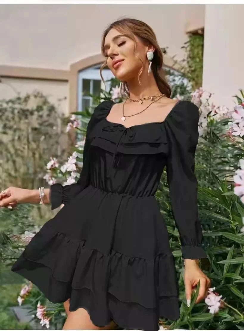 Vestito Donna Scollo Barca Volant Manica Sbuffo Gonna Ampia 2 Vestito Donna Scollo Barca Volant Manica Sbuffo Gonna Ampia - immagine 2