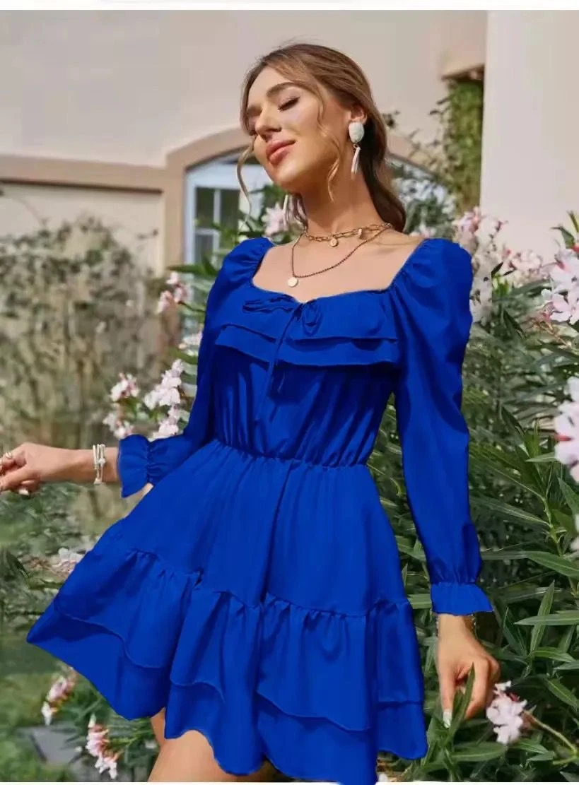 Vestito Donna Scollo Barca Volant Manica Sbuffo Gonna Ampia 3 Vestito Donna Scollo Barca Volant Manica Sbuffo Gonna Ampia - immagine 3