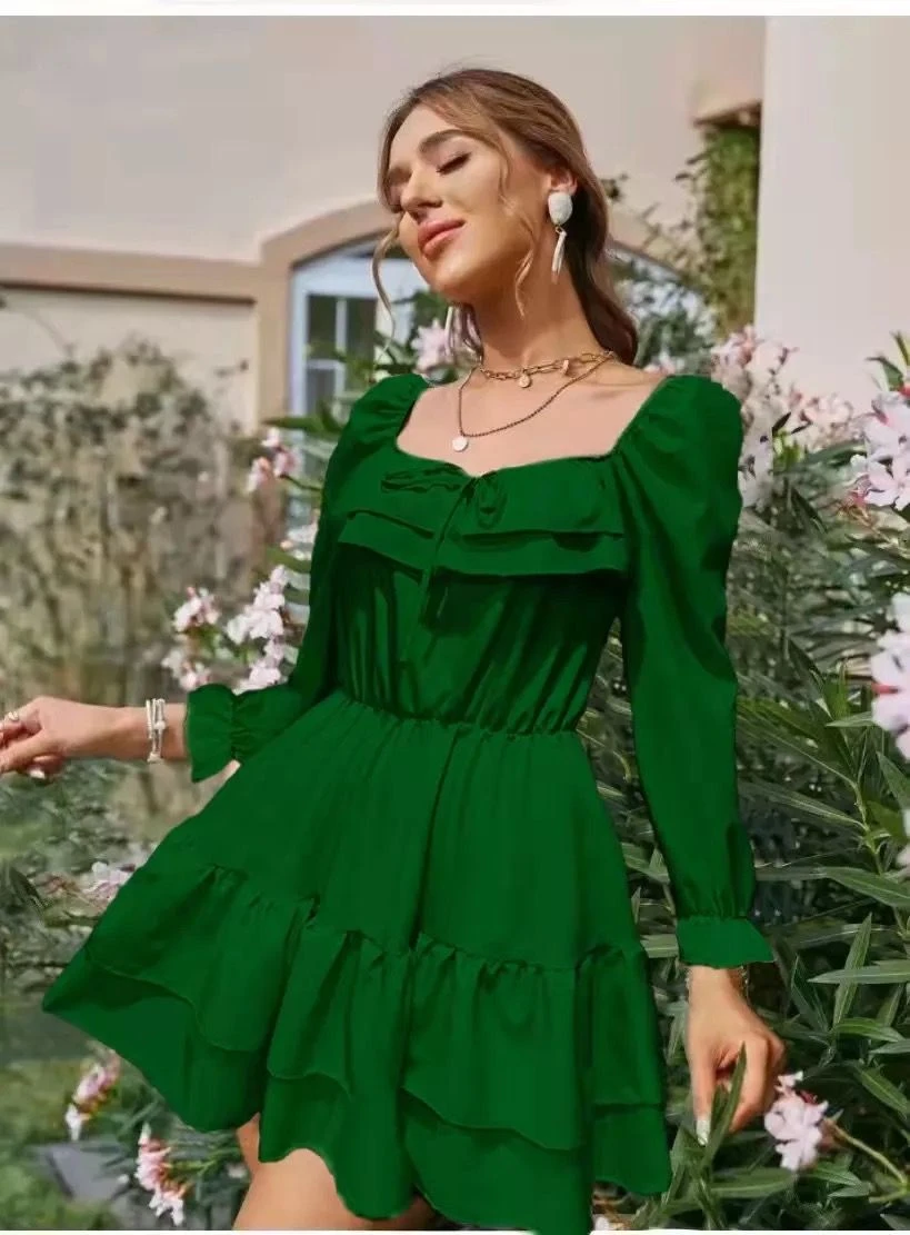 Vestito Donna Scollo Barca Volant Manica Sbuffo Gonna Ampia 4 Vestito Donna Scollo Barca Volant Manica Sbuffo Gonna Ampia - immagine 4