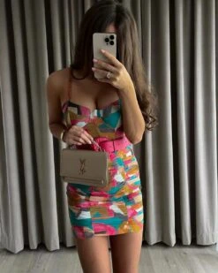 Vestito Donna Tubino Aderente Fantasia Scollo Cuore Bretelle