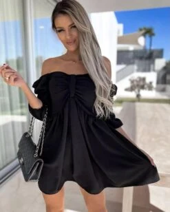 Vestito Donna Scollo Barca Fiocco Manica Sbuffo Casual -Lindavi Negozio WhatsAppImage2022 03 14at10.34.47