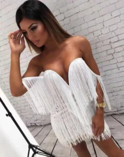 Vestito Donna Tubino Scollo Cuore Profondo Frange