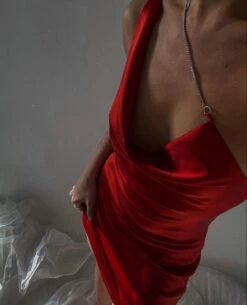 Vestito Donna Scollo Morbido Strass Effetto Raso Elegante