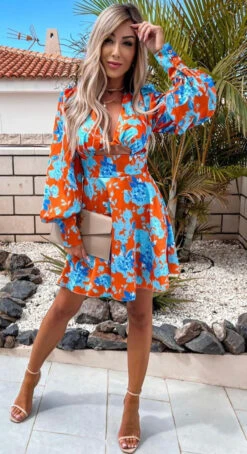 Vestito Donna Scollo Cut Out Manica Sbuffo Fantasia