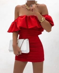 Vestito Donna Corto Scollo Barca Volant Drappeggiato Elegante