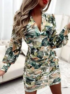 Vestito Donna Fantasia Tubino Scollo V Drappeggiato Manica Lunga Morbida