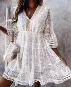 Vestito Donna Scollo V Gonna Morbida Pizzo Sangallo