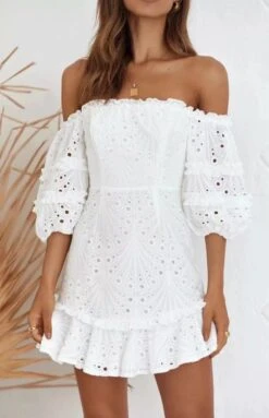 Vestito Donna Scollo Barca Manica Palloncino Gonna Morbida Volant Pizzo Sangallo