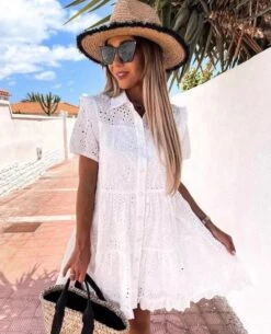 Vestito Donna Bottoncini Camicione Mezza Manica Gonna Morbida Pizzo Sangallo