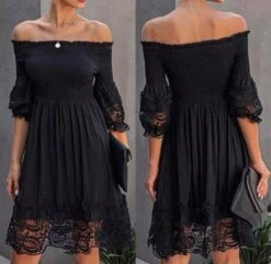 Vestito Donna Scollo Barca Manica Morbida Gonna Morbida Macramè