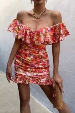 Vestito Donna Scollo Barca Cuore Tubino Volant Fantasia Floreale