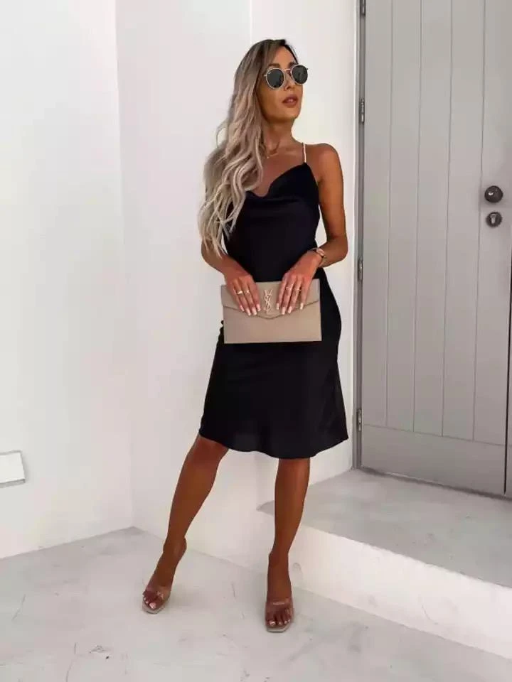 Vestito Donna Longuette Morbido Schiena Scoperta Gioiello Bretelle Elegante Sexy 2 Vestito Donna Longuette Morbido Schiena Scoperta Gioiello Bretelle Elegante Sexy - immagine 2