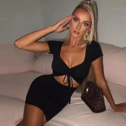 Vestito Donna Tubino Scollo V Cut Out Coulisse Sensuale Elegante