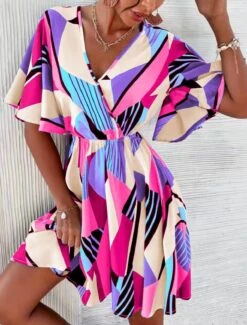 Vestito Donna Scollo V Morbido Fantasia Multicolore Casual Elegante -Lindavi Negozio WhatsAppImage2022 05 15at21.00.45