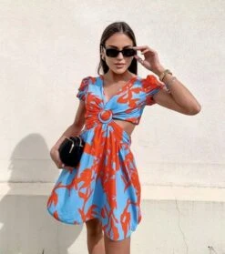 Vestito Donna Scollo V Fantasia Fiori Cut Out Gonna Svasata Casual Elegante