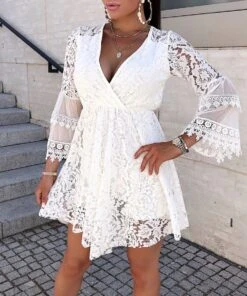 Vestito Donna Merletto Traforato Velato Scollo V Morbido Sensuale Elegante