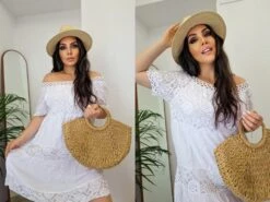 Vestito Donna Scollo Fascia Sangallo Traforato Mezza Manica Morbido Casual Elegante