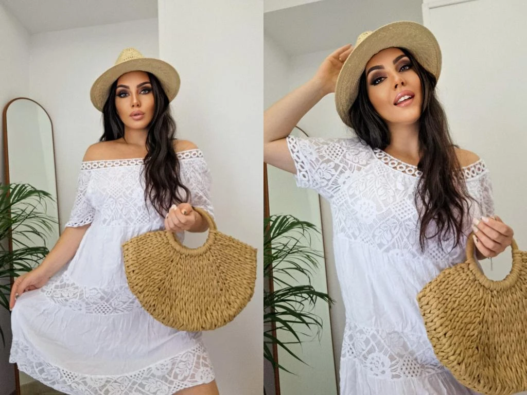 Vestito Donna Scollo Fascia Sangallo Traforato Mezza Manica Morbido Casual Elegante 1 Vestito Donna Scollo Fascia Sangallo Traforato Mezza Manica Morbido Casual Elegante