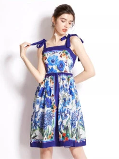 Vestito Donna Bretelle Fiocco Fantasia Fiori Gonna Morbida Elegante