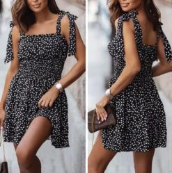 Vestito Donna Scollo Fascia Bretelle Fantasia Pois Elastico Gonna Morbida Casual Elegante