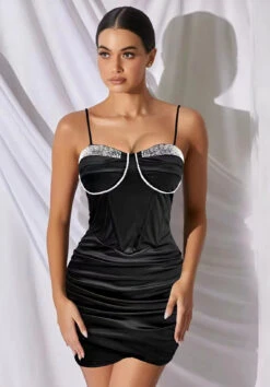Linda Vestito Donna Tubino Bretelle Scollo Cuore Strass Intreccio Sensuale Elegante