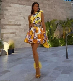 VICTOR Vestito Donna Mono Spalla Cut Out Schiena Scoperta Gonna Campana Sensuale Elegante