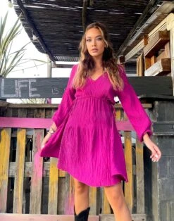 Vestito Donna Scollo V Coulisse Morbido Manica Sbuffo Casual Elegante