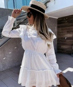 Vestito Donna Morbido Rush Merletto Traforato Gonna Campana Sensuale Casual Elegante