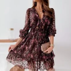 Vestito Donna Scollo V Morbido Manica Sbuffo Fiocco Velato Cut Out Fantasia Fiori Sensuale Elegante