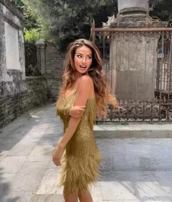 Vestito Donna Tubino Scollo Cuore Bretelle Piume Frange Lurex Sensuale Elegante -Lindavi Negozio WhatsAppImage2022 08 11at10.49.10Cameldress