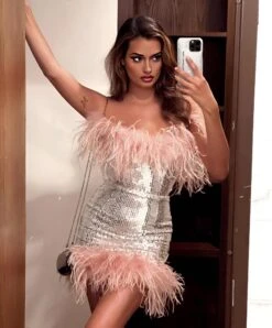 Vestito Donna Tubino Scollo Fascia Piume Paillettes Elegante Sensuale