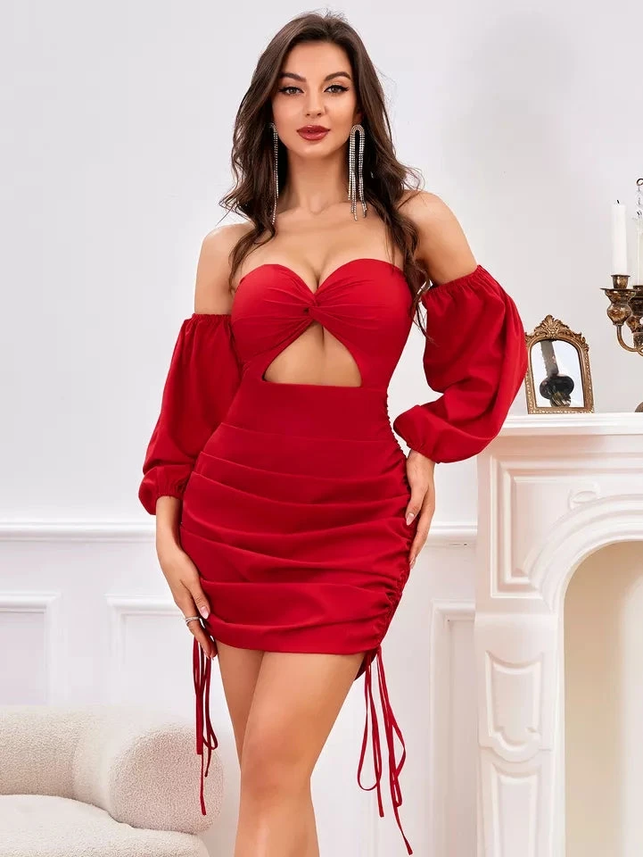 Vestito Donna Tubino Scollo Cuore Cut Out Manica Sbuffo Sensuale Elegante 1 Vestito Donna Tubino Scollo Cuore Cut Out Manica Sbuffo Sensuale Elegante