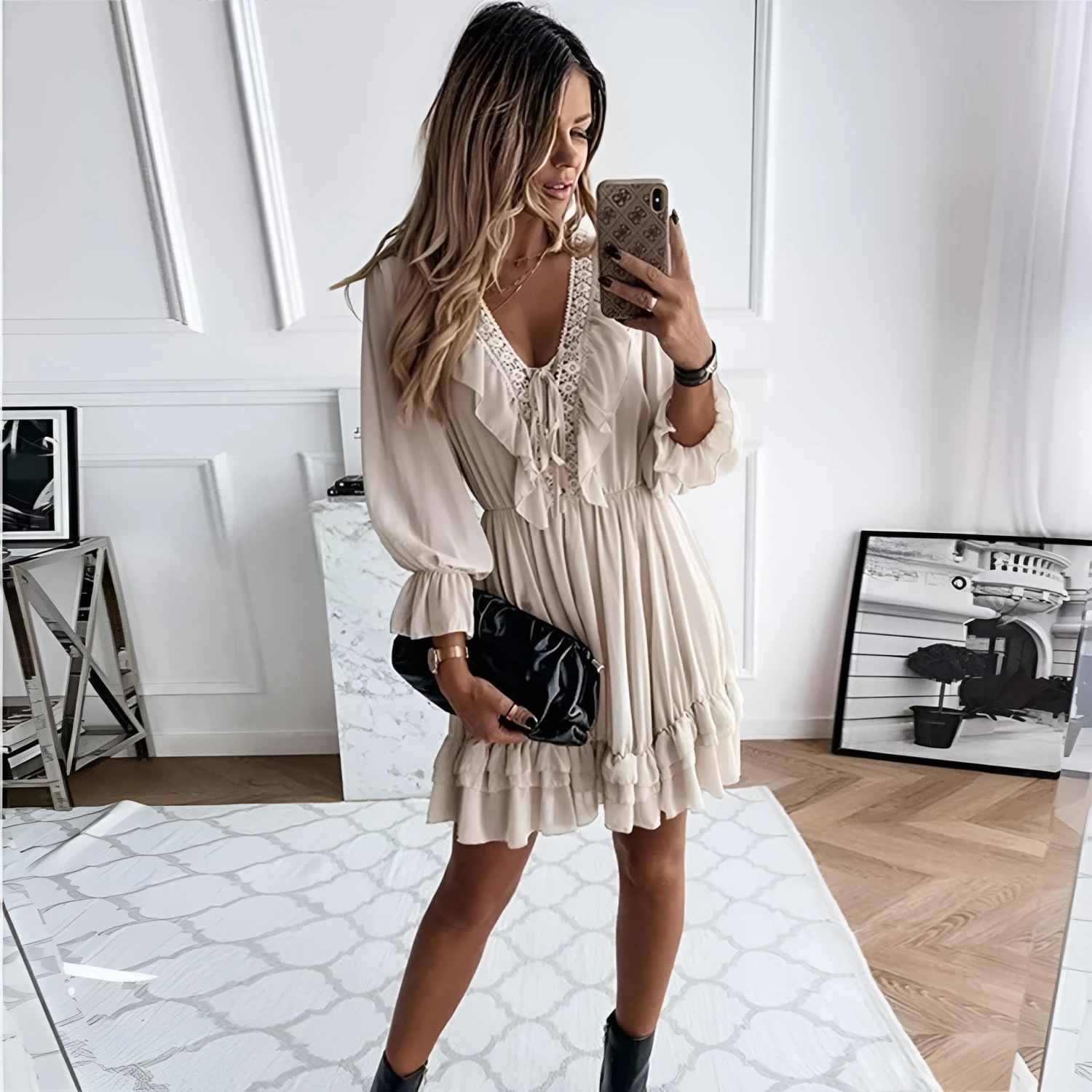 Vestito Donna Scollo V Traforato Gonna Svasata Rush Elegante Sensuale 1 Vestito Donna Scollo V Traforato Gonna Svasata Rush Elegante Sensuale