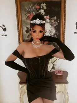 Vestito Donna Tubino Bustier Paillettes Bretelle Gonna Intreccio Guanto Elegante Sensuale