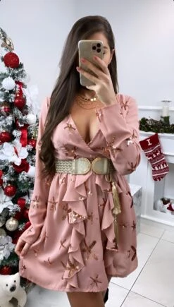 Vestito Donna Scollo V Manica Sbuffo Rush Gonna Svasata Casual Elegante -Lindavi Negozio WhatsAppImage2022 09 29at15.27.04