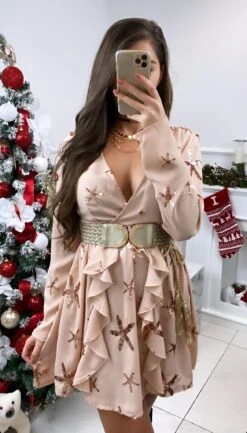 Vestito Donna Scollo V Manica Sbuffo Rush Gonna Svasata Casual Elegante