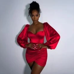 Vestito Donna Tubino Scollo Cuore Bustier Manica Sbuffo Gonna Intreccio Arricciato Elegante Sensuale -Lindavi Negozio WhatsAppImage2022 10 04at12.52.18