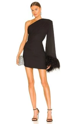 Vestito Donna Tubino Mono Spalla Campana Piume Scollo Trasversale Elegante Sensuale