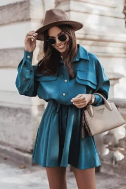 Vestito Donna Camicione Colletto Bottoni Coulisse Gonna Campana Casual Elegante