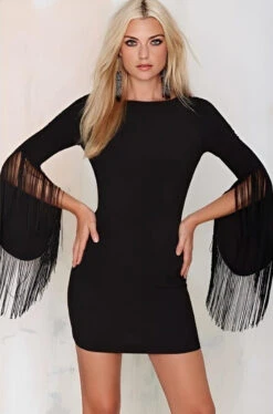 Vestito Donna Tubino Frange Manica Lunga Monocolore Girocollo Sensuale Elegante