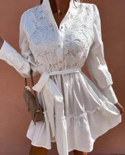 Vestito Donna Gonna Campana Rush Cintura Bottoni Colletto Ricami Elegante Casual Sensuale