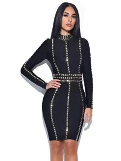 Vestito Donna Tubino Aderente Borchie Manica Lunga Casual Elegante Sensuale