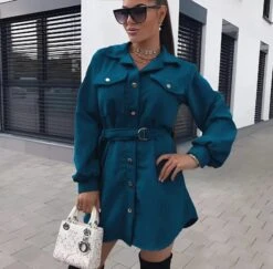 Vestito Donna Camicione Velluto Cintura Bottoni Manica Sbuffo Casual Elegante -Lindavi Negozio WhatsAppImage2022 10 11at12.28.08