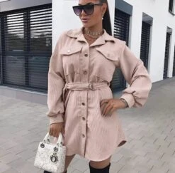 Vestito Donna Camicione Velluto Cintura Bottoni Manica Sbuffo Casual Elegante -Lindavi Negozio WhatsAppImage2022 10 11at12.29.28