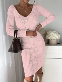 Vestito Donna Tubino Caldo Bottoni Scollo V Casual Elegante Sensuale Morbido -Lindavi Negozio WhatsAppImage2022 10 13at19.02.40