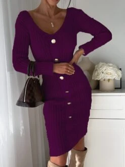 Vestito Donna Tubino Caldo Bottoni Scollo V Casual Elegante Sensuale Morbido -Lindavi Negozio WhatsAppImage2022 10 13at19.03.30