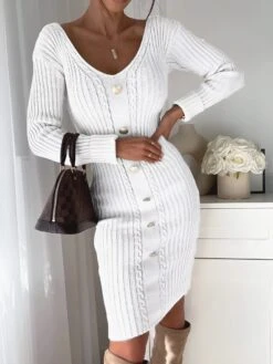 Vestito Donna Tubino Caldo Bottoni Scollo V Casual Elegante Sensuale Morbido -Lindavi Negozio WhatsAppImage2022 10 13at19.04.24